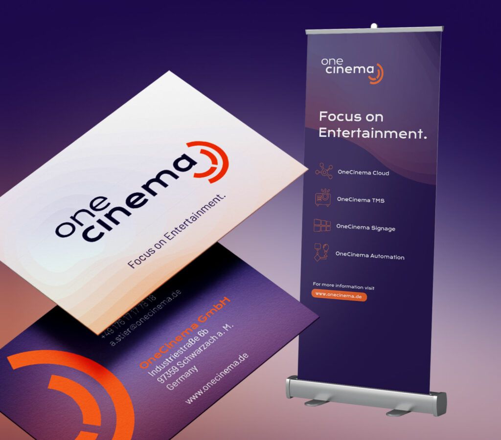 Übersicht Werbemittel Visitenkarten Banner Roll-Up Branding OneCinema