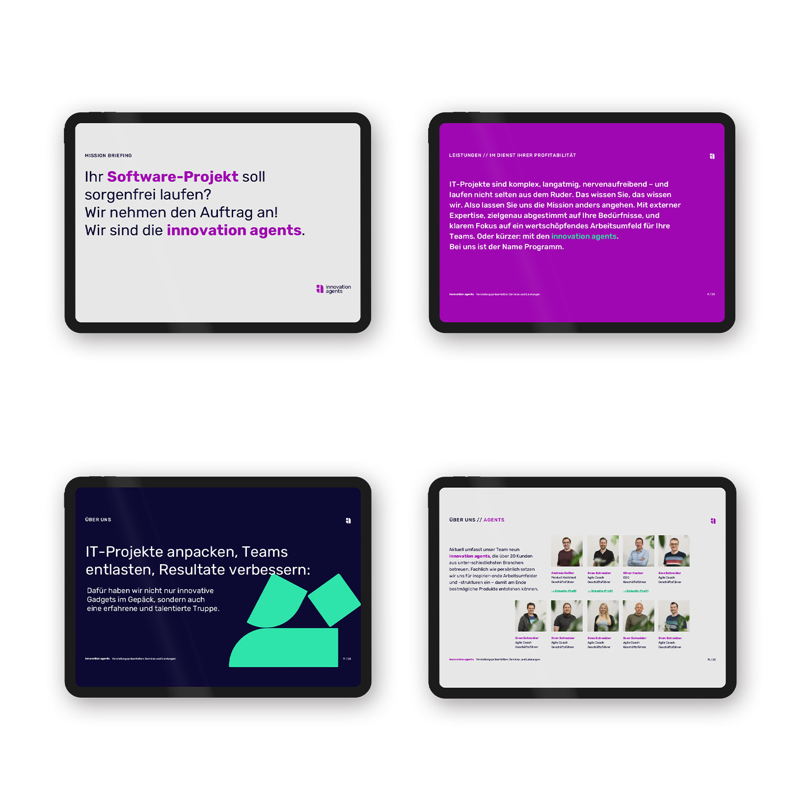 Mockup von vier Tablet Screens die den digitalen Service-Flyer zeigen.