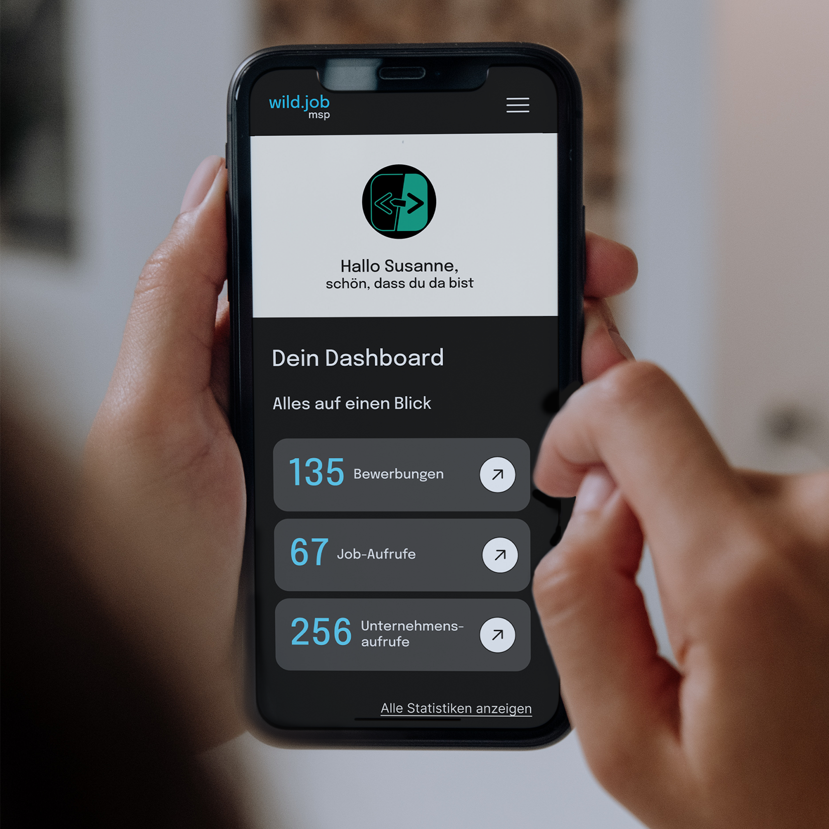 Mobile Ansicht der Dashboard-Unterseite von wildjob.de