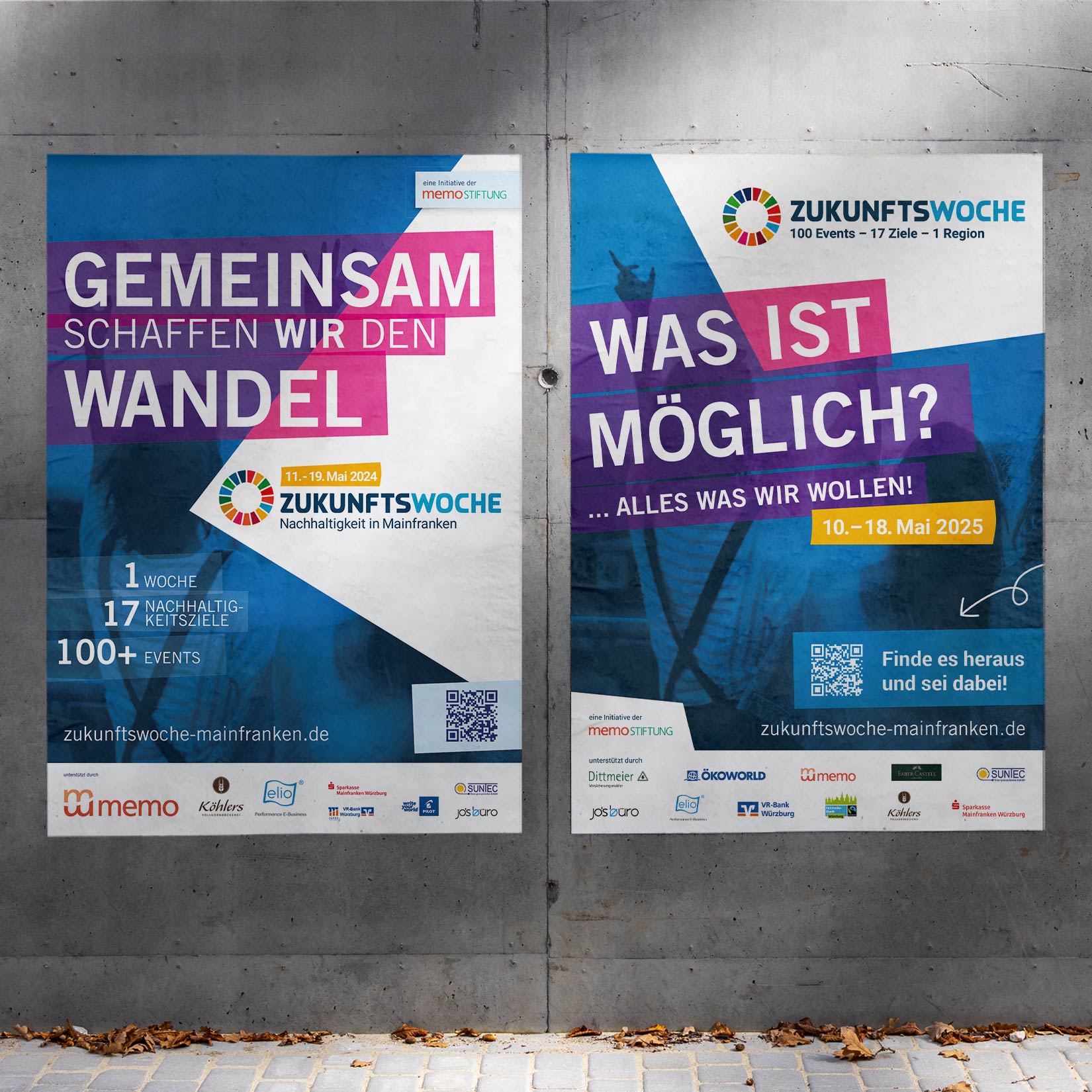 Plakate der Zukunftswoche 2024 und 2025 im Vergleich nebeneinander